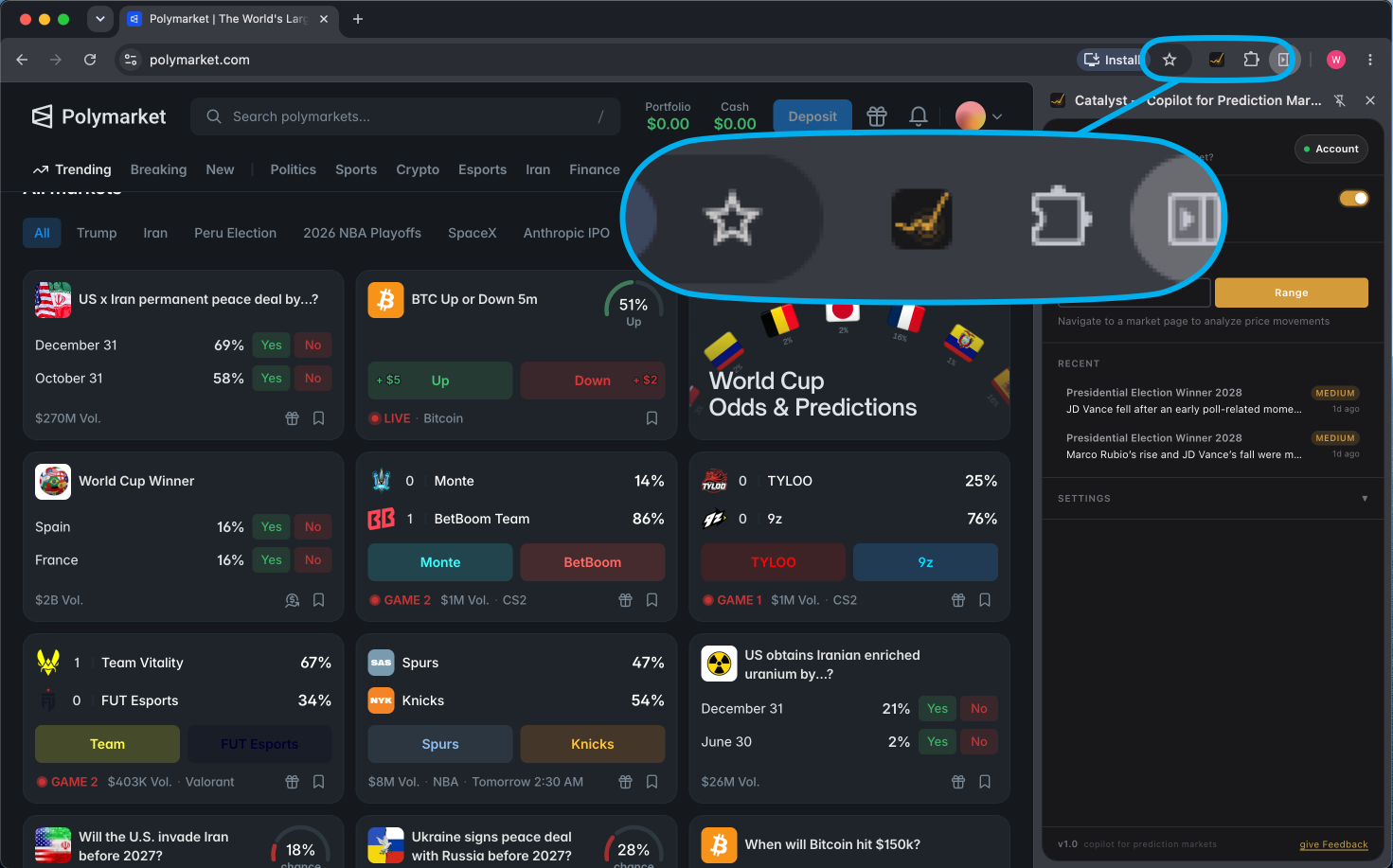 Catalyst installed in Chrome — accessing the side panel on a market page